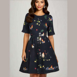 Antix Mini Dress Small Blue Rooster Floral Whimsical Print Fit & Flare Lace Trim